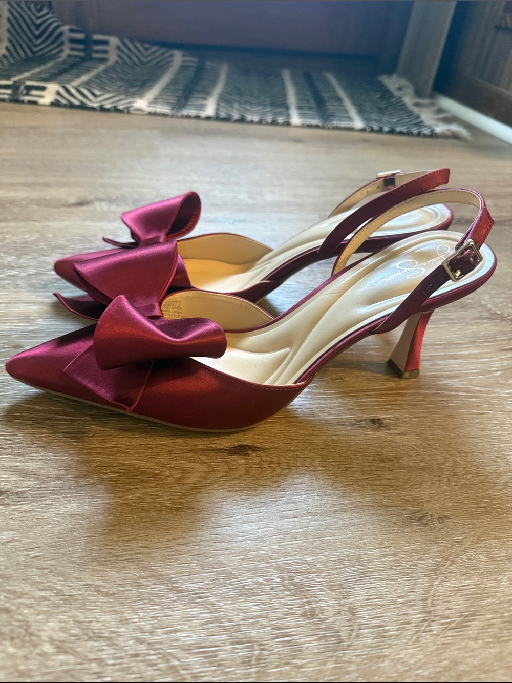 Jessica Simpson Satin Wine Bow Pointed-Toe Slingback Heels - Picture 3 of 7